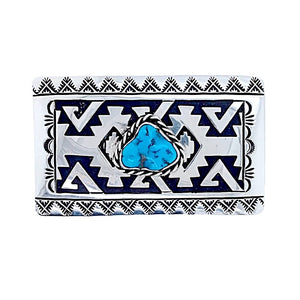 Native American Buckle - Navajo Kingman Turquoise Engraved Sterling Silver Belt Buckle - T & R Singer - Native American
