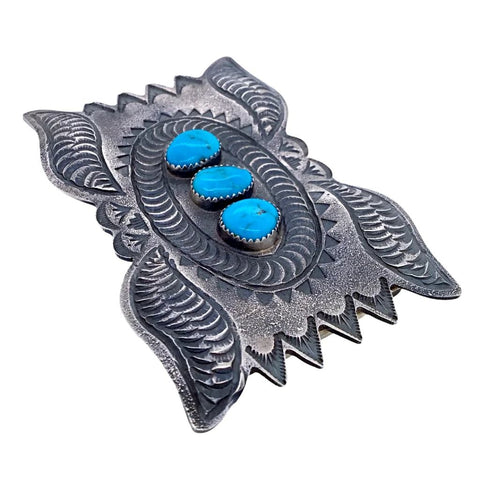 Image of Native American Buckle - Navajo Kingman Turquoise Hand-Stamped Embellished Silver Belt Buckle - Shawn Cayatineto - Native American