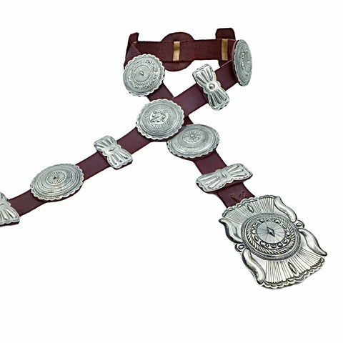 Image of Native American Buckle - Navajo Large Concho Southwestern Sterling Silver Brown Leather Belt - Eugene Charley - Native American