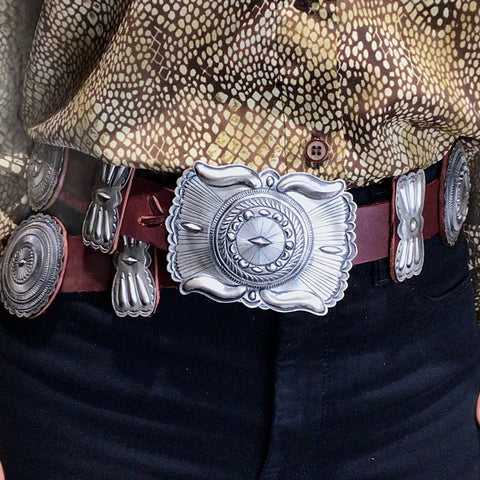 Image of Native American Buckle - Navajo Large Concho Southwestern Sterling Silver Brown Leather Belt - Eugene Charley - Native American