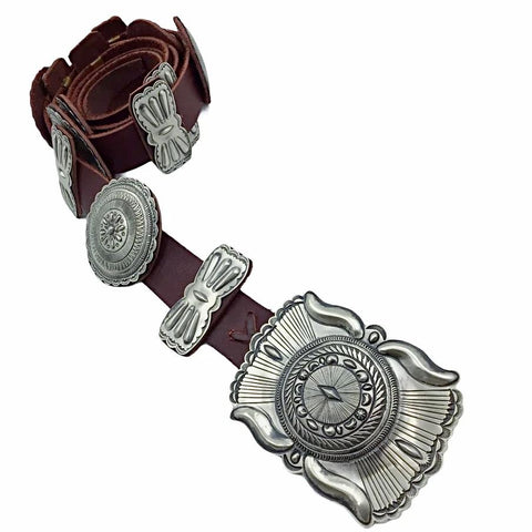 Image of Native American Buckle - Navajo Large Concho Southwestern Sterling Silver Brown Leather Belt - Eugene Charley - Native American