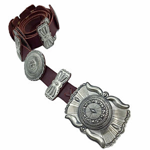 Native American Buckle - Navajo Large Concho Southwestern Sterling Silver Brown Leather Belt - Eugene Charley - Native American