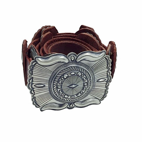 Image of Native American Buckle - Navajo Large Concho Southwestern Sterling Silver Brown Leather Belt - Eugene Charley - Native American