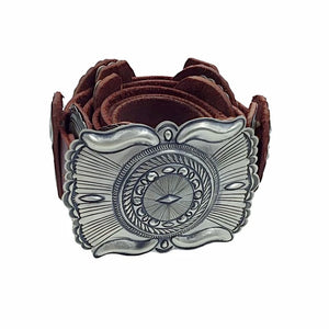 Native American Buckle - Navajo Large Concho Southwestern Sterling Silver Brown Leather Belt - Eugene Charley - Native American