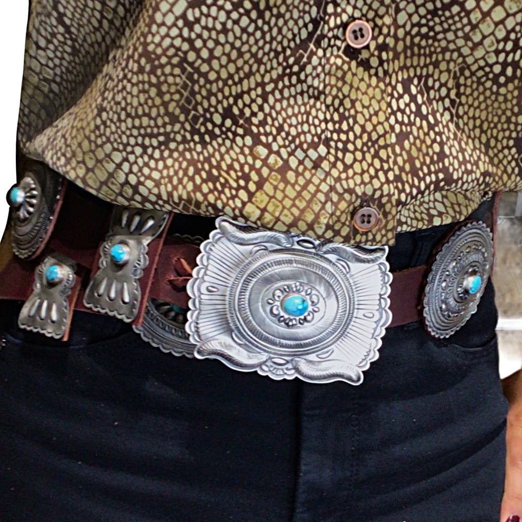 sold Navajo Large Turquoise Concho Southwestern Sterling Silver Brown ...