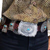 Native American Buckle - Navajo Large Turquoise Concho Southwestern Sterling Silver Brown Leather Belt - Eugene Charley - Native American