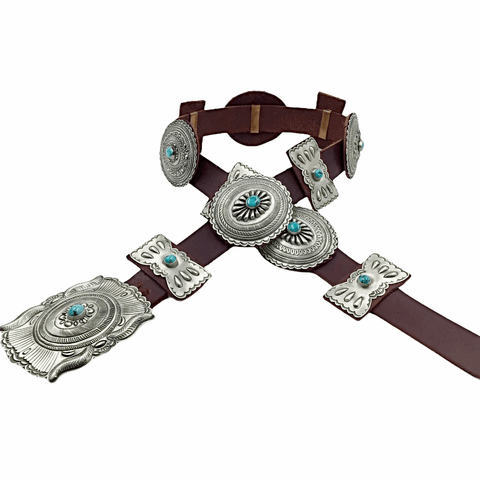 sold Navajo Large Turquoise Concho Southwestern Sterling Silver Brown  Leather Belt - Eugene Charley - Native American