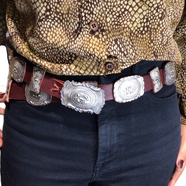 Native American Buckle - Navajo Medium Concho Southwestern Sterling Silver Brown Leather Belt  - Eugene Charley - Native American