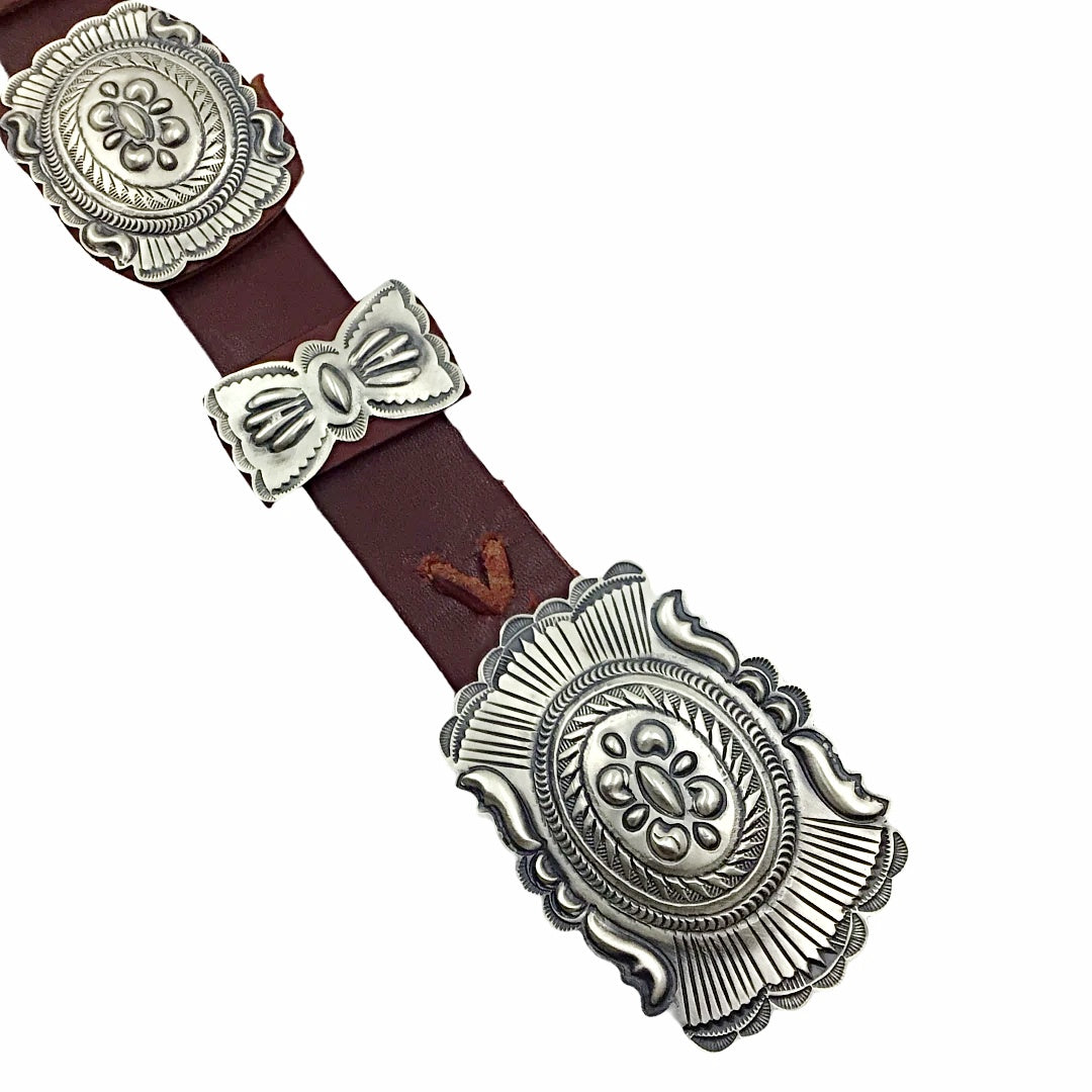 Native American Buckle - Navajo Medium Concho Southwestern Sterling Silver Brown Leather Belt  - Eugene Charley - Native American