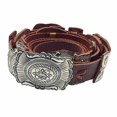 Native American Buckle - Navajo Medium Concho Southwestern Sterling Silver Brown Leather Belt  - Eugene Charley - Native American