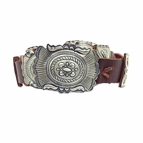 Image of Native American Buckle - Navajo Medium Concho Southwestern Sterling Silver Brown Leather Belt  - Eugene Charley - Native American