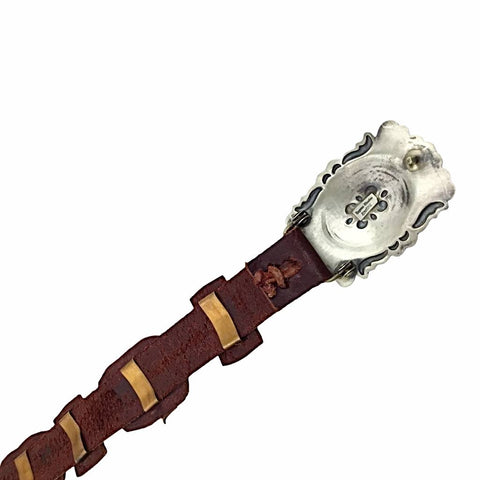 Image of Native American Buckle - Navajo Medium Concho Southwestern Sterling Silver Brown Leather Belt  - Eugene Charley - Native American