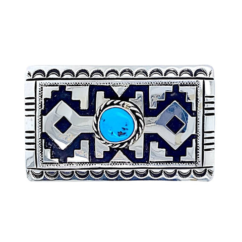 Image of Native American Buckle - Navajo Oval Kingman Turquoise Engraved Sterling Silver Belt Buckle - T & R Singer - Native American