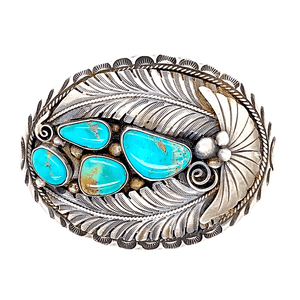 Native American Buckle - Navajo Pawn Teal Turquoise Cluster Feather Belt Buckle