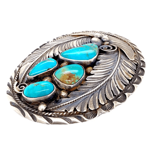 Native American Buckle - Navajo Pawn Teal Turquoise Cluster Feather Belt Buckle