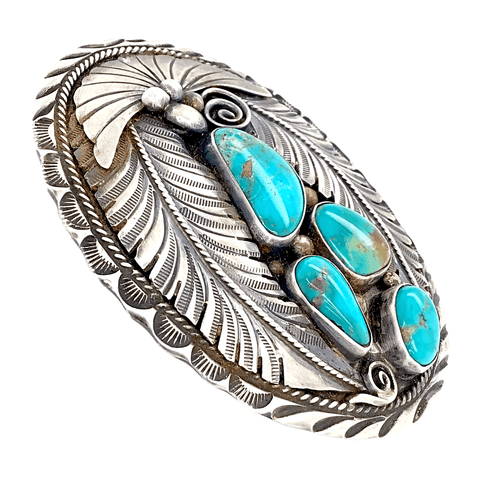 Image of Native American Buckle - Navajo Pawn Teal Turquoise Cluster Feather Belt Buckle