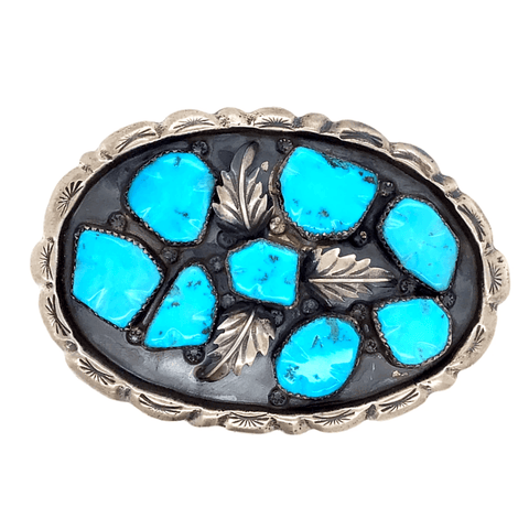 Image of Native American Buckle - Navajo Pawn Turquoise Cluster Leaf Belt Buckle