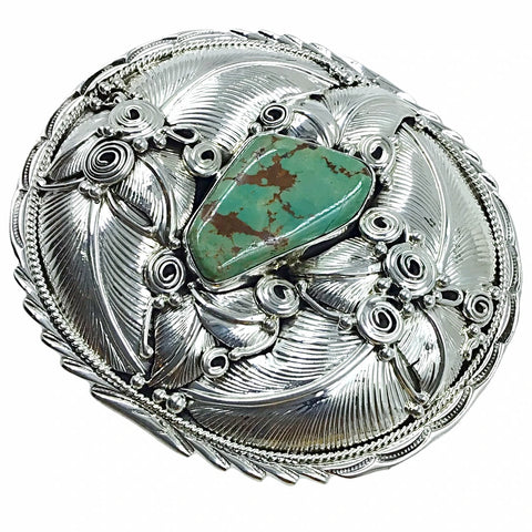 Image of Native American Buckle - Navajo Royston Turquoise Feather Coil Sterling Silver Belt Buckle - Native American