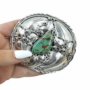 Native American Buckle - Navajo Royston Turquoise Feather Coil Sterling Silver Belt Buckle - Native American