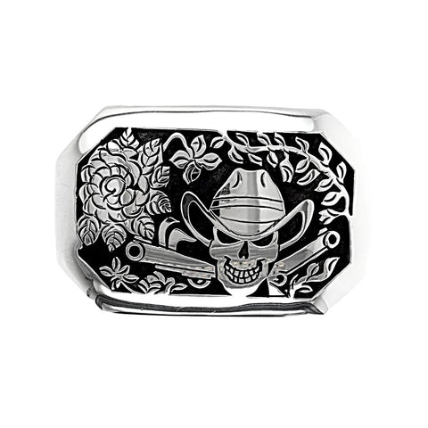 Image of Native American Buckle - Navajo Skull Cowboy Flower Scene Engraved Southwestern Sterling Silver Belt Buckle - Native American