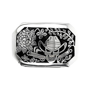 Native American Buckle - Navajo Skull Cowboy Flower Scene Engraved Southwestern Sterling Silver Belt Buckle - Native American