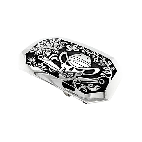 Image of Native American Buckle - Navajo Skull Cowboy Flower Scene Engraved Southwestern Sterling Silver Belt Buckle - Native American