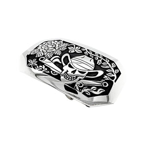 Native American Buckle - Navajo Skull Cowboy Flower Scene Engraved Southwestern Sterling Silver Belt Buckle - Native American