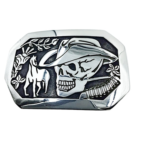Native American Buckle - Navajo Skull Cowboy Horse Scene Engraved Southwestern Sterling Silver Belt Buckle - Native American
