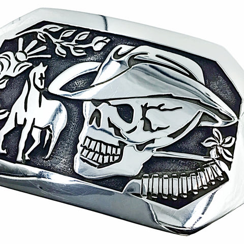 Image of Native American Buckle - Navajo Skull Cowboy Horse Scene Engraved Southwestern Sterling Silver Belt Buckle - Native American