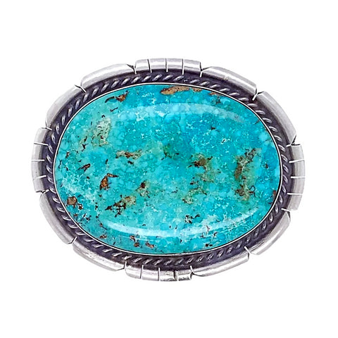 Image of Native American Buckle - Navajo Stunning Kingman Turquoise Oval Sterling Silver Belt Buckle - Samson Edsitty - Native American