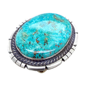 Native American Buckle - Navajo Stunning Kingman Turquoise Oval Sterling Silver Belt Buckle - Samson Edsitty - Native American