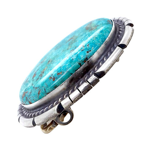 Image of Native American Buckle - Navajo Stunning Kingman Turquoise Oval Sterling Silver Belt Buckle - Samson Edsitty - Native American