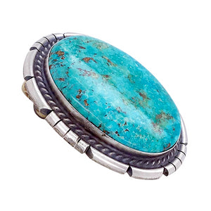 Native American Buckle - Navajo Stunning Kingman Turquoise Oval Sterling Silver Belt Buckle - Samson Edsitty - Native American