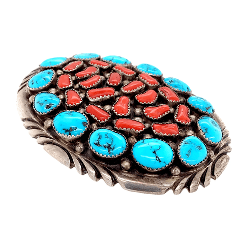 Image of Native American Buckle - Navajo Turquoise And Red Coral Cluster Belt Buckle - Emer Thompson