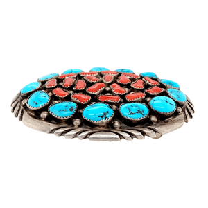 Native American Buckle - Navajo Turquoise And Red Coral Cluster Belt Buckle - Emer Thompson