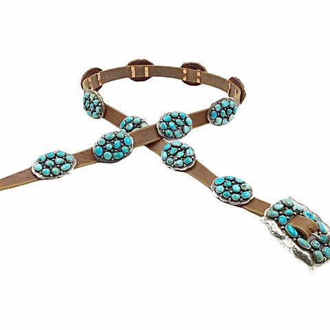 Image of Native American Buckle - Navajo Turquoise Clusters Southwestern Sterling Silver Light Brown Leather Belt - Native American