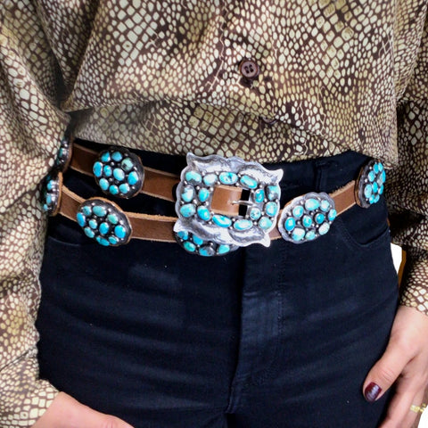 Image of Native American Buckle - Navajo Turquoise Clusters Southwestern Sterling Silver Light Brown Leather Belt - Native American