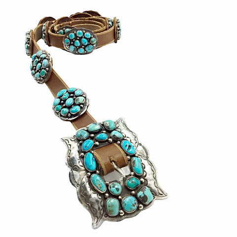 Image of Native American Buckle - Navajo Turquoise Clusters Southwestern Sterling Silver Light Brown Leather Belt - Native American