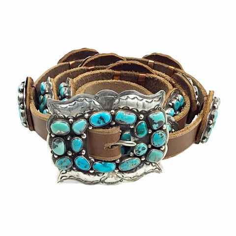 Image of Native American Buckle - Navajo Turquoise Clusters Southwestern Sterling Silver Light Brown Leather Belt - Native American