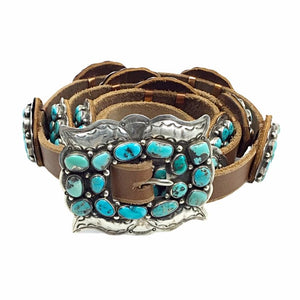 Native American Buckle - Navajo Turquoise Clusters Southwestern Sterling Silver Light Brown Leather Belt - Native American