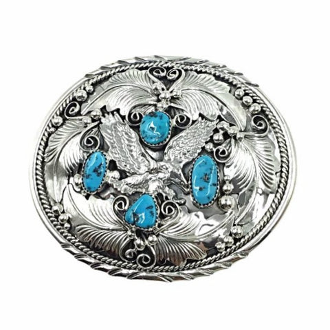 Image of Native American Buckle - Navajo Turquoise Eagle Feather Coil Sterling Silver Belt Buckle - Native American