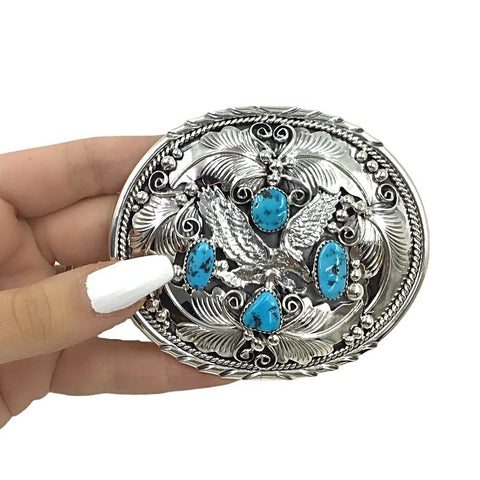 Image of Native American Buckle - Navajo Turquoise Eagle Feather Coil Sterling Silver Belt Buckle - Native American