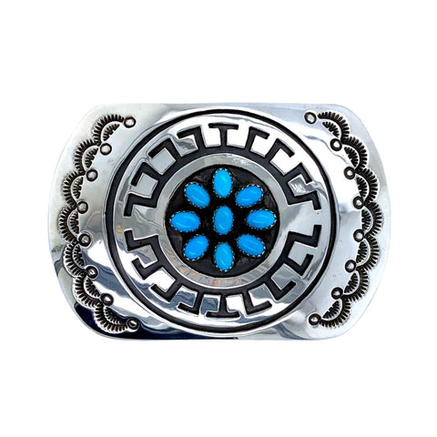 Image of Native American Buckle - Navajo Turquoise Engraved Sterling Silver Belt Buckle - Rosco Scott - Native American