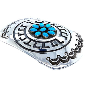 Native American Buckle - Navajo Turquoise Engraved Sterling Silver Belt Buckle - Rosco Scott - Native American