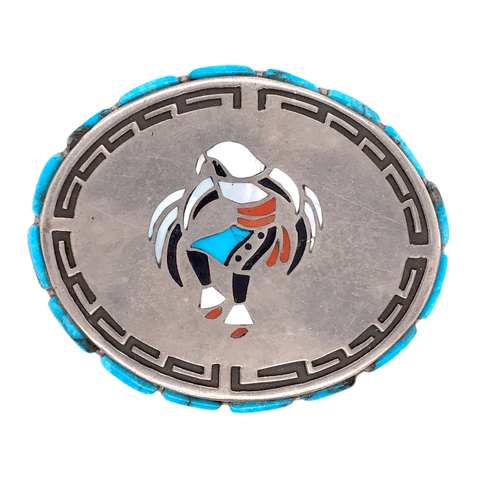 Image of Native American Buckle - Vintage Turquoise, Onyx, And Mother-Of-Pearl Eagle Dancer Inlay Belt Buckle - G. Montano