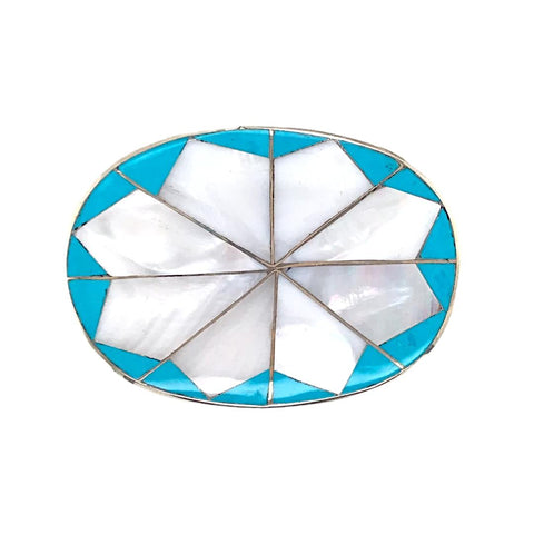 Image of Native American Buckle - Zuni Turquoise & Mother Of Pearl Inlay Belt Buckle - Native American