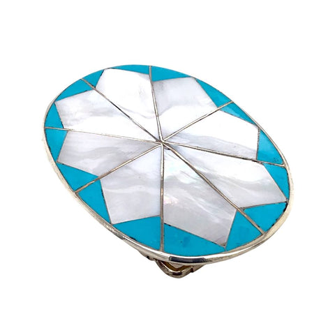 Image of Native American Buckle - Zuni Turquoise & Mother Of Pearl Inlay Belt Buckle - Native American