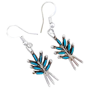 Native American Earrings - Fine Zuni Needle Point Sleeping Beauty Turquoise Sterling Silver Dangle Earrings -