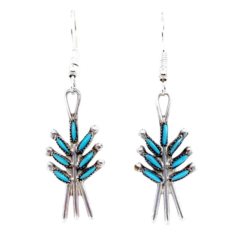 Native American Earrings - Fine Zuni Needle Point Sleeping Beauty Turquoise Sterling Silver Dangle Earrings -