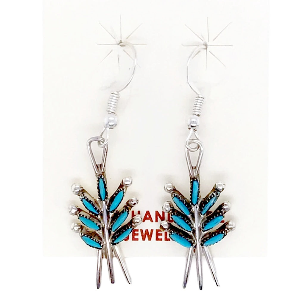 Native American Earrings - Fine Zuni Needle Point Sleeping Beauty Turquoise Sterling Silver Dangle Earrings -